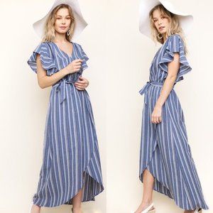 NWT Blue Striped Maxi Dress - Faux Wrap Around